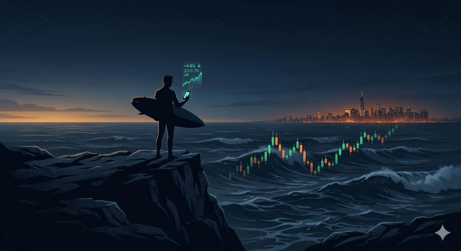 Surfer looking at market waves
